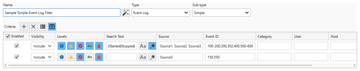 Sample Simple Event Log Filter Displayed in a Table