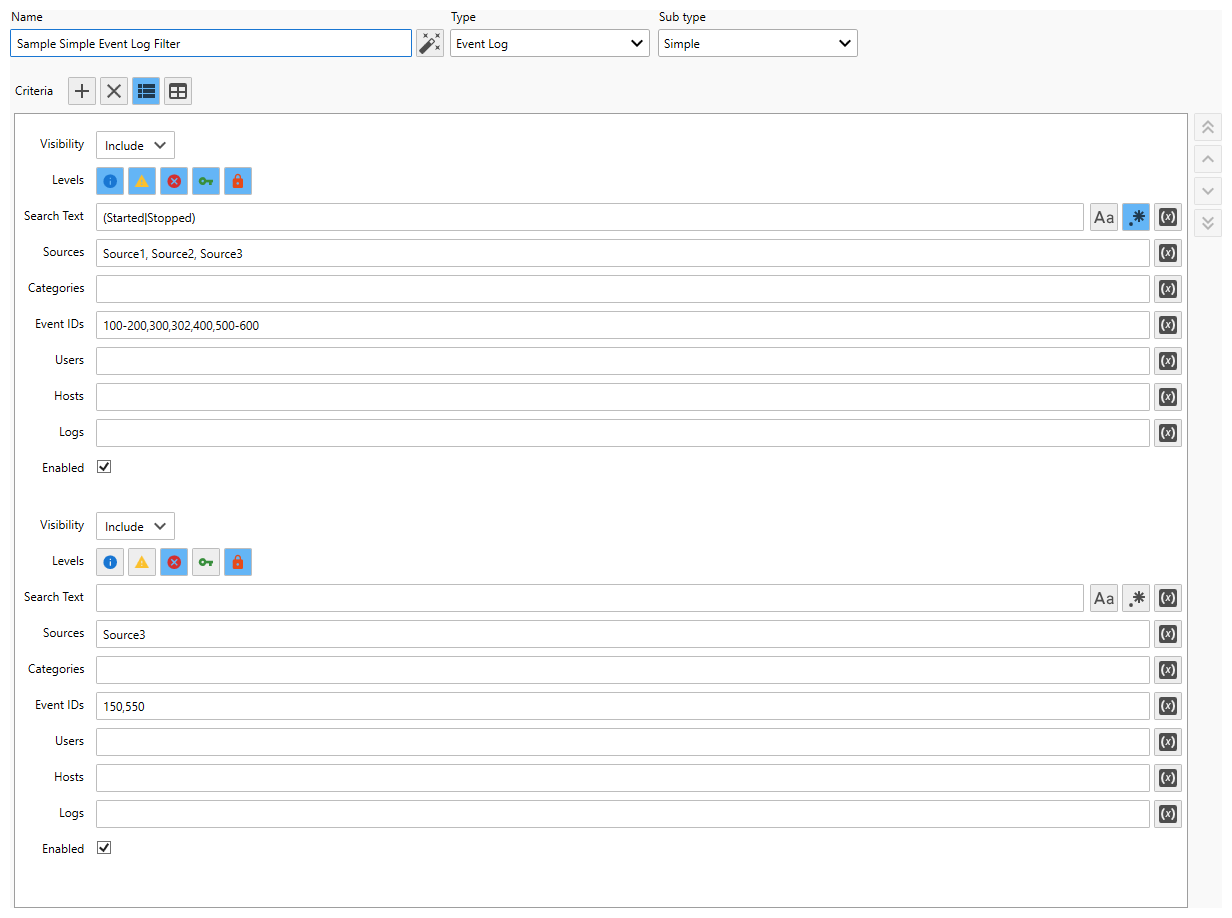 Sample Simple Event Log Filter Criteria Displayed in a List