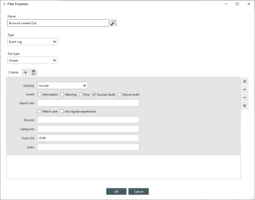 Account Lockout Monitor Filter Dialog