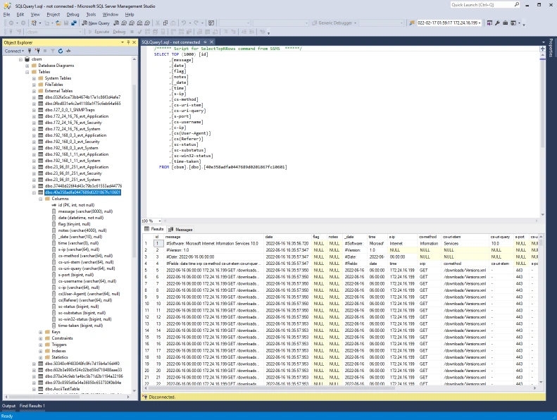 SQL Server Management Studio | IIS Log Entries