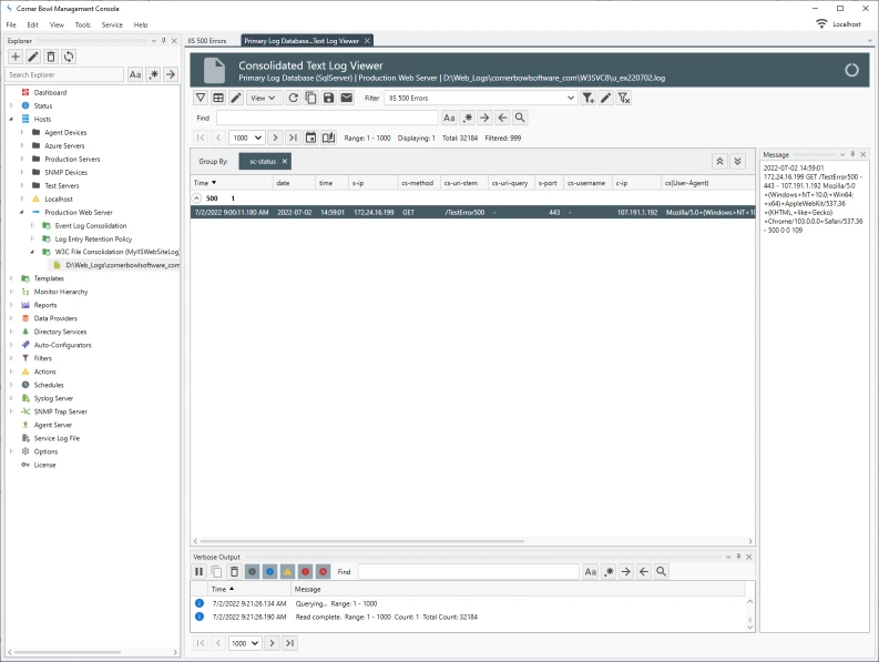 IIS Log Viewer with IIS 500 Error Filter Applied