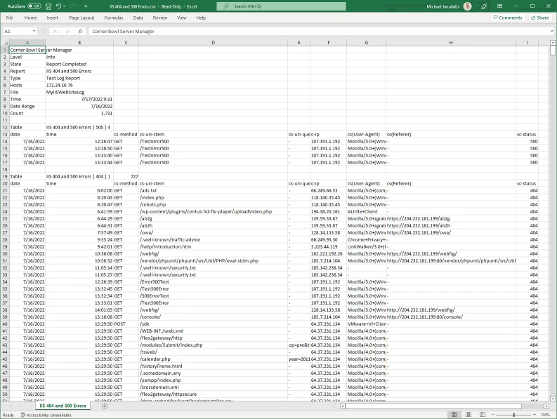 IIS 404 and 500 Errors CSV Report