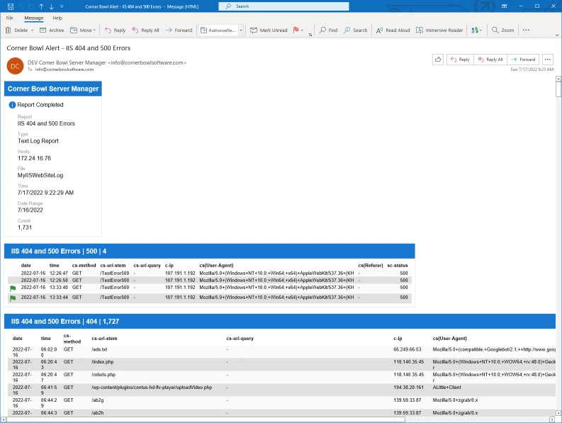 IIS 404 and 500 Errors Email Report