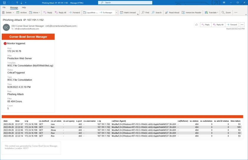 IIS Web Server Phishing Attack Email Notification