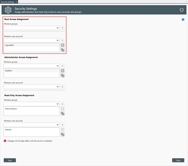 Root, administrator and read-only security settings