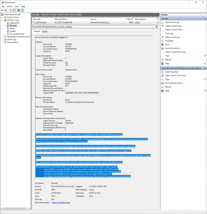 Windows Success Logon Event 4624 with duplicated informational text.