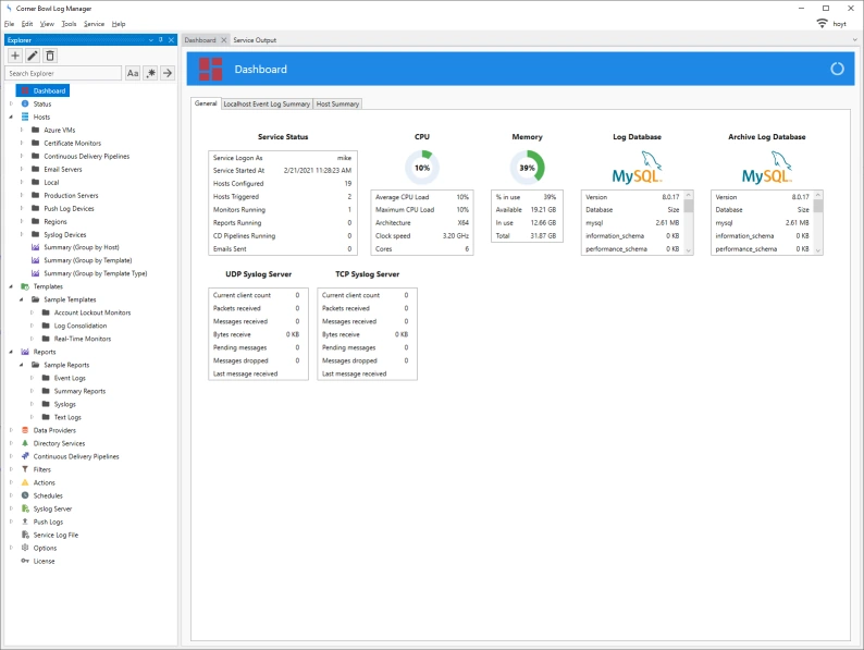 Corner Bowl Event Log Manager Console Screenshot