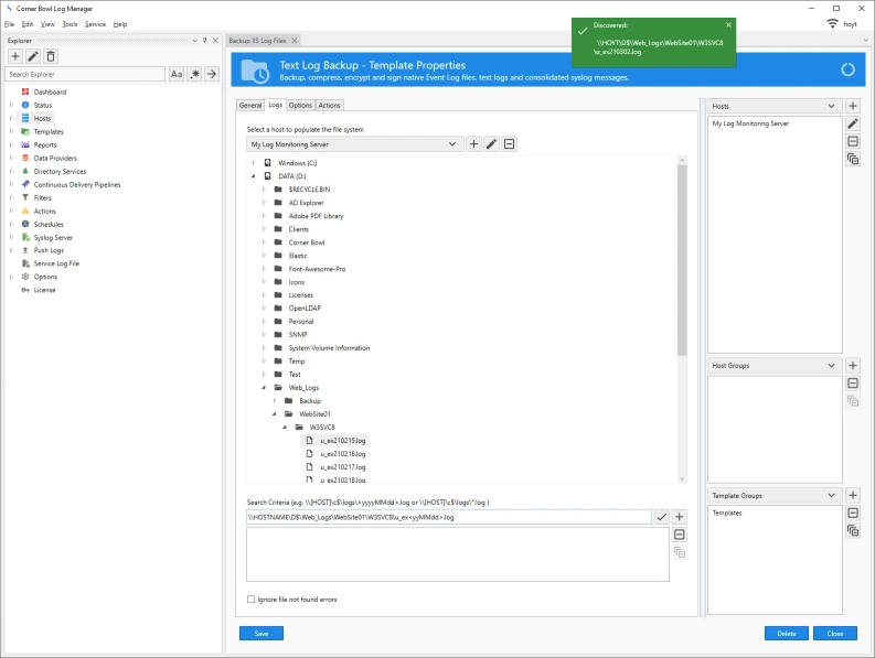 Assign IIS log files to backup and centralize