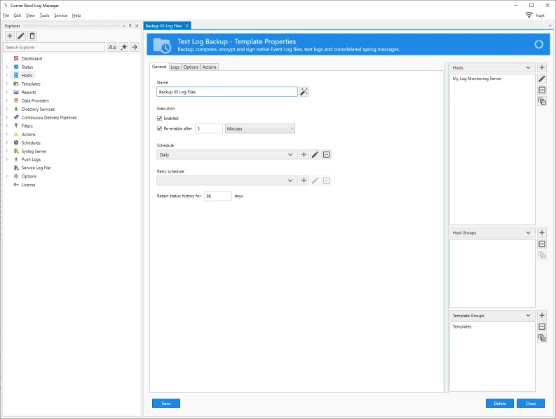 General options for backing up and centralizing IIS log file