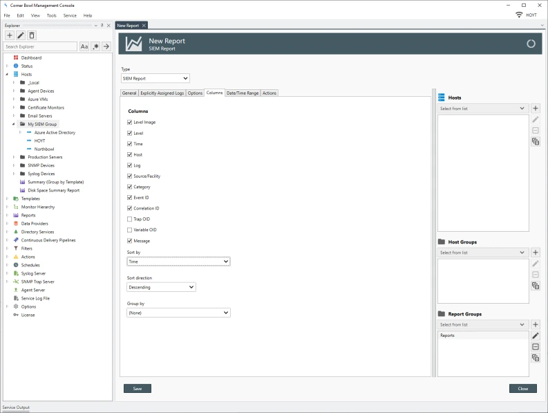 Simple SIEM Report column properties