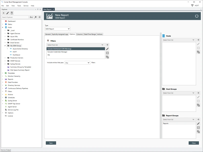 Simple SIEM Report filter properties