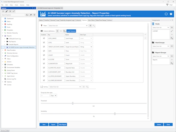 AI UEBA Report Options Properties View