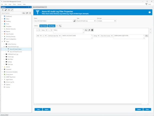 Sample Azure Failed Logon Filter Properties View