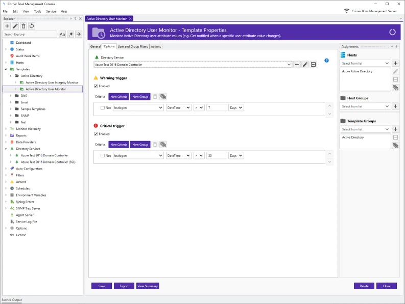Active Directory User Monitor Template Properties
