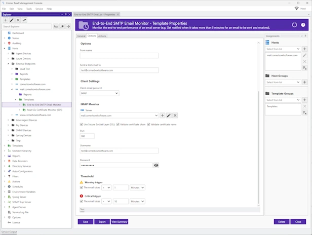 End-To-End Email Monitor Template Properties