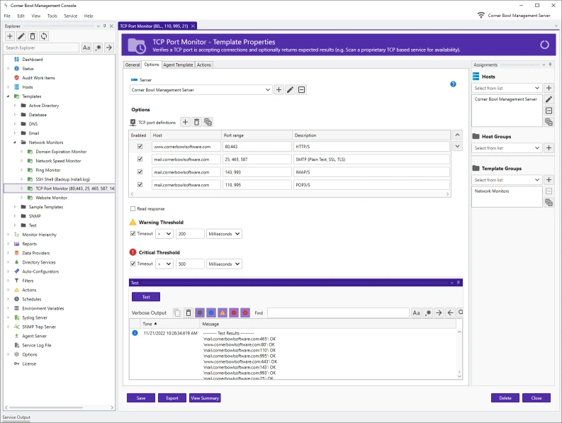 TCP Port Scanning Template Properties View