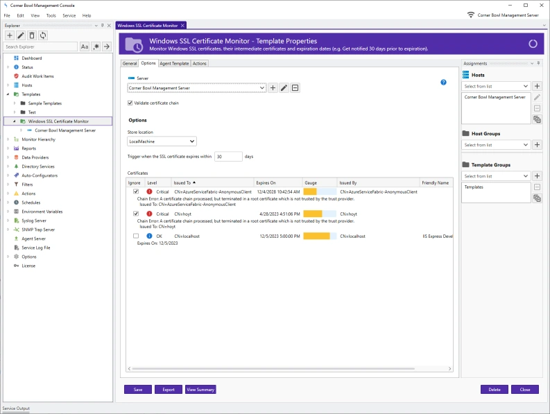 Windows SSL Certificate Monitor Template Properties