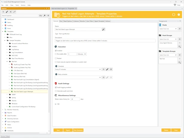 Sample Red Hat Failed Logon Monitor Properties View