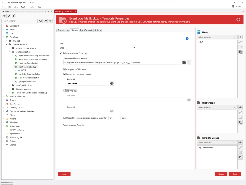 Event Log File Backup options