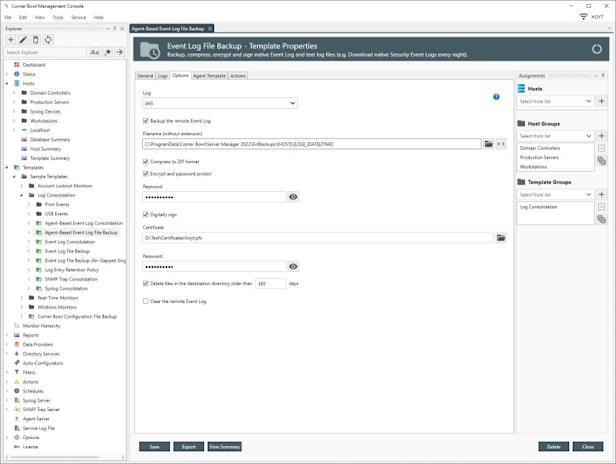 Event Log File Backup Template Properties View